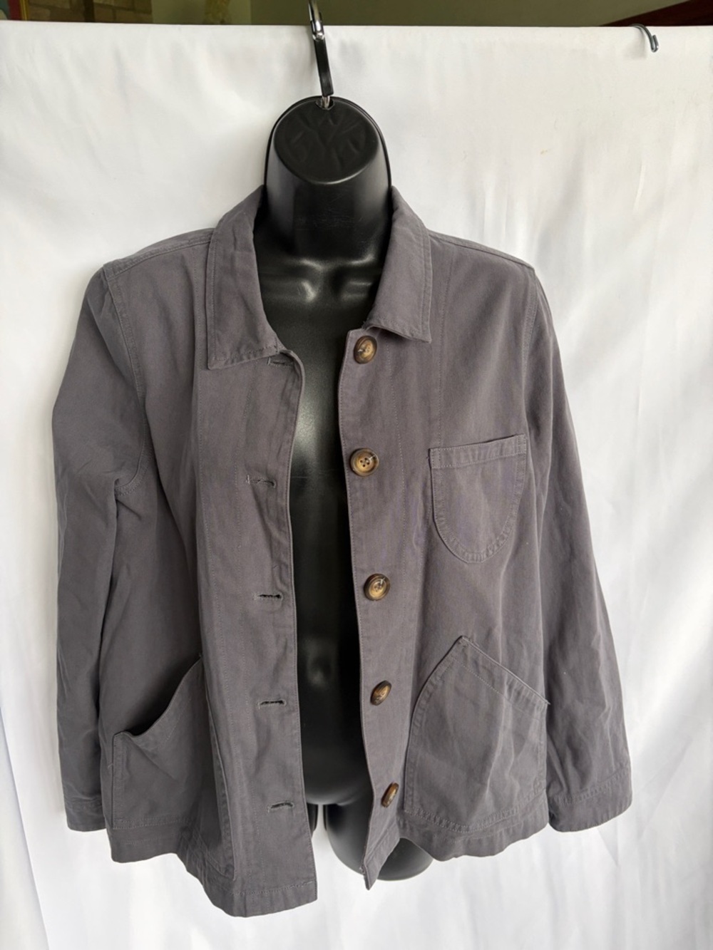 Mod Ref jacket, Cotton, Button sleeve, swing, sz S, gray, 19” PTP, 24” L